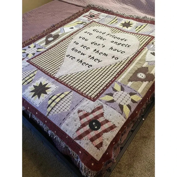 Vintage Tapestry Fringe Woven Throw Blanket Good Friends Cottagecore 46”x54” - Picture 4 of 8